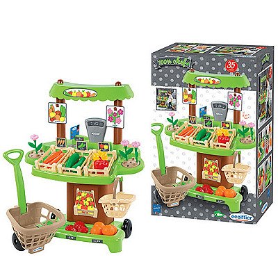 Žaislnė vaisių ir daržovių parduotuvė su vežimu ir priedais
