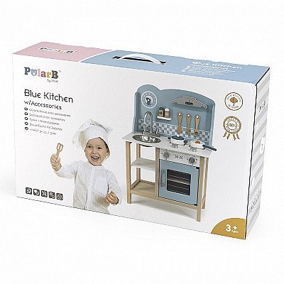 Medinė vaikiška virtuvėlė su priedais Mėlyna PolarB Viga